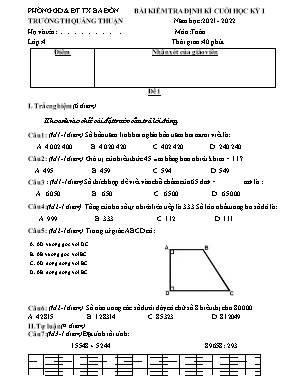 Đề kiểm tra định kì cuối học kỳ I môn Toán Lớp 4 - Năm học 2021-2022 - Đề 1 (Có đáp án)