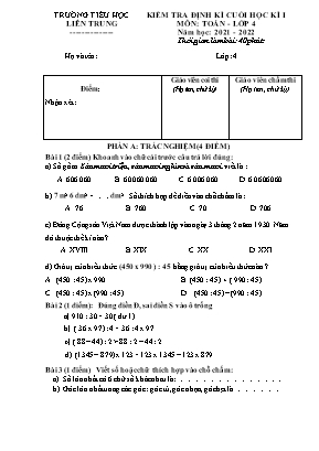 Đề kiểm tra định kì cuối kì 1 môn Toán Lớp 4 - Năm học 2021-2022