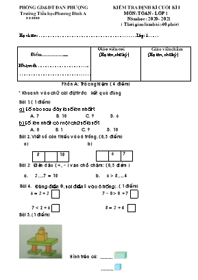 Đề kiểm tra định kì cuối kì I môn Toán Lớp 1 - Năm học 2020-2021