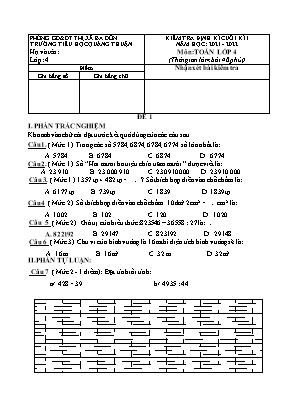 Đề kiểm tra định kì cuối kì I môn Toán Lớp 4 - Năm học 2021-2022 - Đề 1