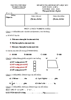 Đề kiểm tra định kì giữa học kì 1 môn Toán Lớp 4 - Năm học 2021-2022 (Có đáp án)