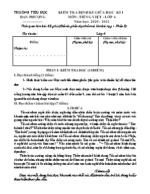 Đề kiểm tra định kì giữa học kì I môn Tiếng Việt Lớp 4 - Năm học 2020-2021
