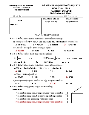 Đề kiểm tra định kì giữa học kì I môn Toán 4 - Năm học 2021-2022