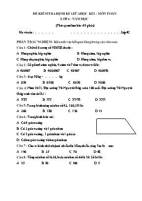 Đề kiểm tra định kì giữa học kì I môn Toán Lớp 4 (Có đáp án)