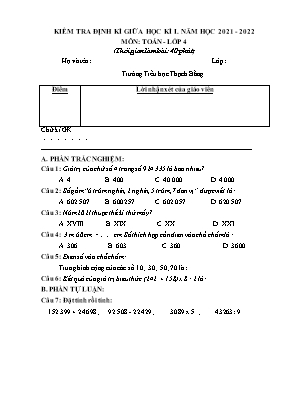 Đề kiểm tra định kì giữa học kì I môn Toán Lớp 4 - Năm học 2021-2022 (Có đáp án)