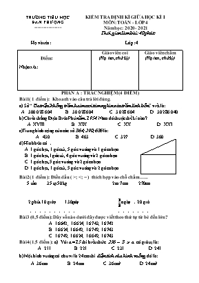 Đề kiểm tra định kì giữa học kì I môn Toán Lớp 4 - Năm học 2020-2021