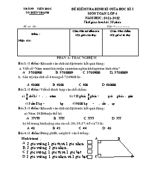 Đề kiểm tra định kì giữa học kì I môn Toán Lớp 4 - Năm học 2021-2022