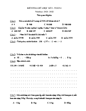 Đề kiểm tra định kì giữa học kì I môn Toán Lớp 4 - Năm học 2021-2022 - Đề 2