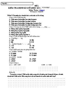 Đề kiểm tra định kì giữa học kì I môn Toán Lớp 4