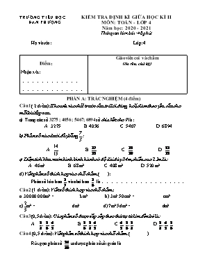 Đề kiểm tra định kì giữa học kì II môn Toán Lớp 4 - Năm học 2020-2021