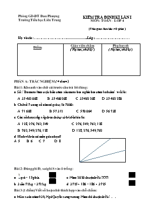 Đề kiểm tra định kì lần I môn Toán, Tiếng Việt Lớp 4