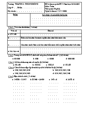 Đề kiểm tra giữa học kì 1 môn Toán Lớp 4 - Năm học 2020-2021