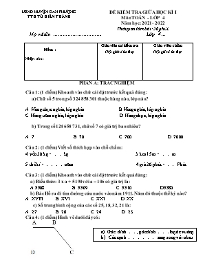 Đề kiểm tra giữa học kì I môn Toán Lớp 4 - Năm học 2021-2022 (Có đáp án)