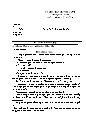 Đề kiểm tra giữa học kỳ I môn Tiếng Việt Lớp 4 (Chân trời sáng tạo) - Năm học 2017-2018