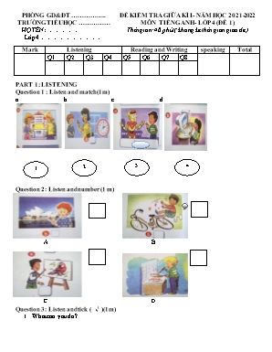 Đề kiểm tra giữa kì I môn Tiếng Anh Lớp 4 - Năm học 2021-2022 - Đề 1