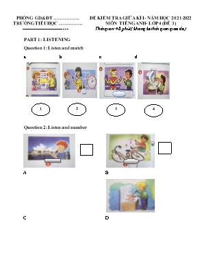Đề kiểm tra giữa kì I môn Tiếng Anh Lớp 4 - Năm học 2021-2022 - Đề 3