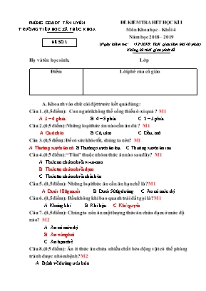 Đề kiểm tra hết học kì I môn Khoa học Khối 4 - Năm học 2018-2019