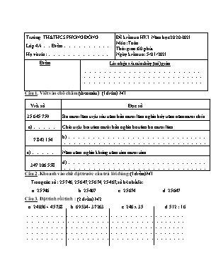 Đề kiểm tra học kì 1 môn Toán Lớp 4 - Năm học 2020-2021