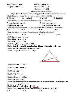 Đề kiểm tra học kì 1 môn Toán Lớp 4 - Năm học 2021-2022