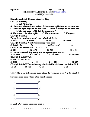 Đề kiểm tra học kì I môn Toán Lớp 4 - Năm học 2021-2022