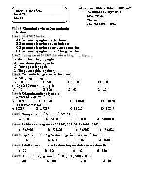 Đề kiểm tra học kỳ I môn Toán 4 - Năm học 2021-2022