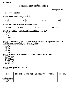Đề kiểm tra Toán Lớp 4