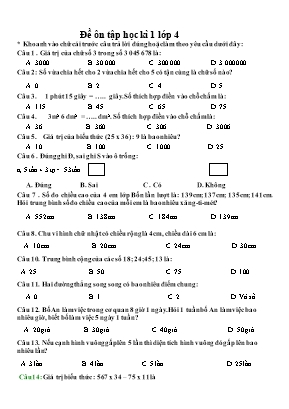 Đề ôn tập học kì 1 môn Toán Lớp 4 (Có đáp án)