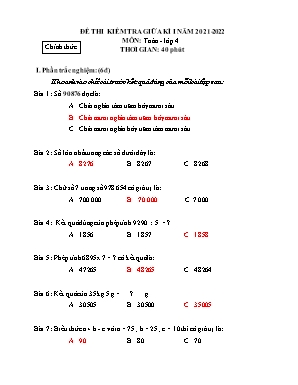 Đề thi kiểm tra giữa kì I môn Toán Lớp 4 - Năm 2021-2022