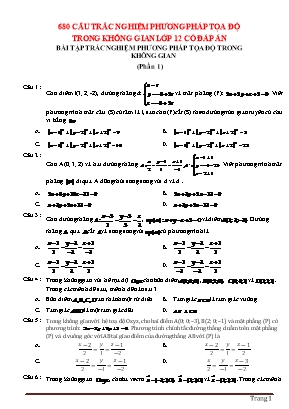 680 Câu trắc nghiệm Toán lớp 12: Phương pháp tọa độ trong không gian  (Có đáp án)