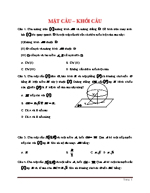 Bài tập trắc nghiệm Toán 12 - Mặt cầu khối cầu (Có đáp án)