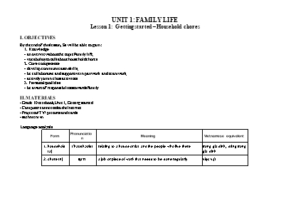 Giáo án Tiếng Anh Lớp 10 (Global review) - Unit 1: Family life - Năm học 2022-2023