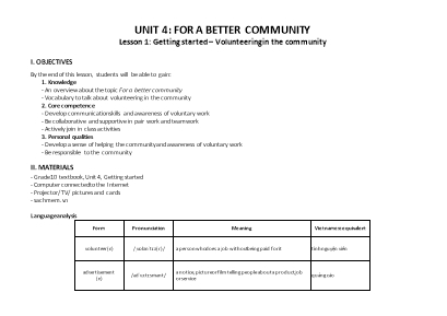 Giáo án Tiếng Anh Lớp 10 (Global review) - Unit 4: For a better community - Năm học 2022-2023