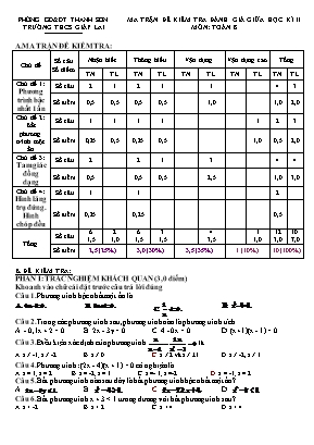 Ma trận đề kiểm tra đánh giá giữa học kì II môn Toán Lớp 8 - Trường THCS Giáp Lai (Có đáp án)