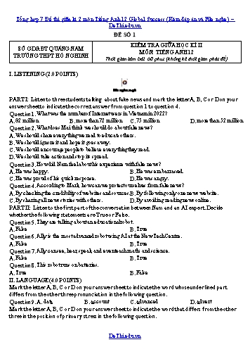 Tổng hợp 7 Đề thi giữa kì 2 môn Tiếng Anh 12 Global Success (Kèm đáp án và File nghe)