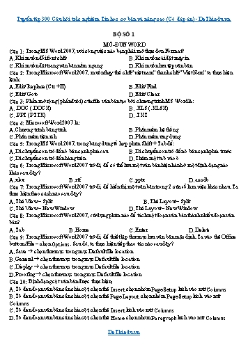 Tuyển tập 300 Câu hỏi trắc nghiệm Tin học cơ bản và nâng cao (Có đáp án)