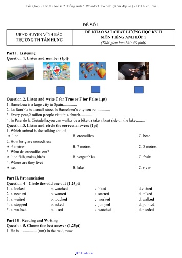 Tổng hợp 7 Đề thi học kì 2 Tiếng Anh 5 Wonderful World (Kèm đáp án)