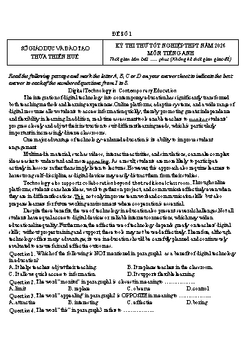 Tuyển tập 4 Đề thi thử Tốt nghiệp THPT môn Tiếng Anh Sở GD&ĐT Huế 2023-2026 (Kèm đáp án chi tiết)