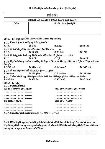 34 Đề ôn tập hè môn Toán Lớp 5 lên 6 (Có đáp án)