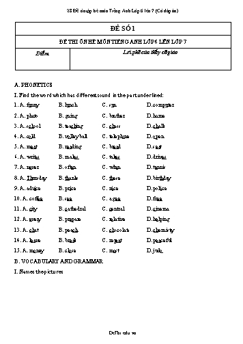 28 Đề ôn tập hè môn Tiếng Anh Lớp 6 lên 7 (Có đáp án)