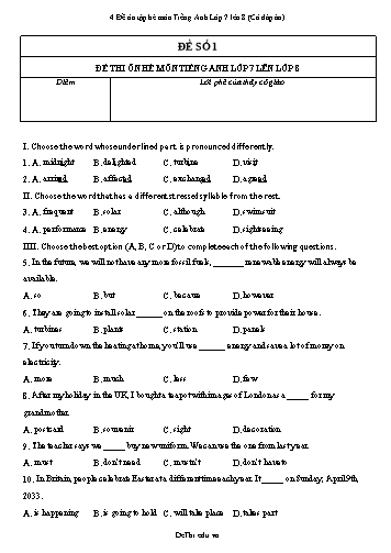 4 Đề ôn tập hè môn Tiếng Anh Lớp 7 lên 8 (Có đáp án)